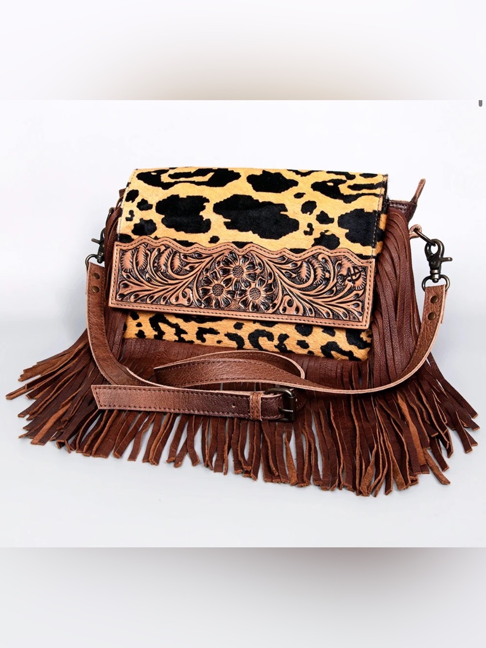 Western Bag Fringe Leather Crossbody Bag with Leopard Print and Tooled Trim